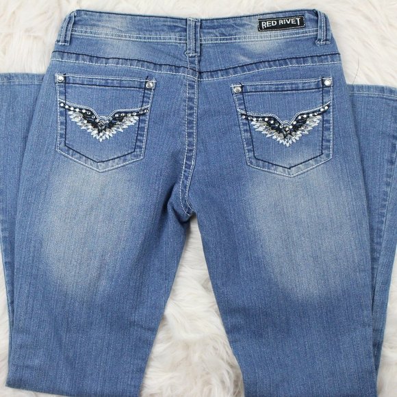 Red Rivet Boot Cut Jeans - Picture 4 of 6